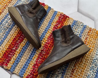 Vintage Brown Ankle Boots Women Leather Platform Flat Casual Winter Shoes