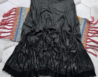 Vintage Black Ruffle Midi Skirt Women Flowy Layered Skirt Elastic Waist Boho Gothic Y2K