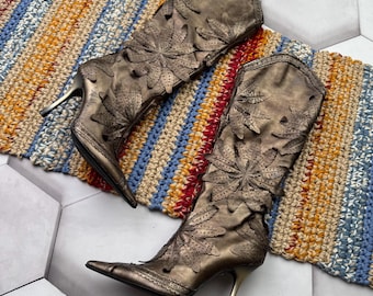 Vintage Bronze Leather Knee High Boots Women Floral Applique Stiletto Heels Y2K Gothic Boots