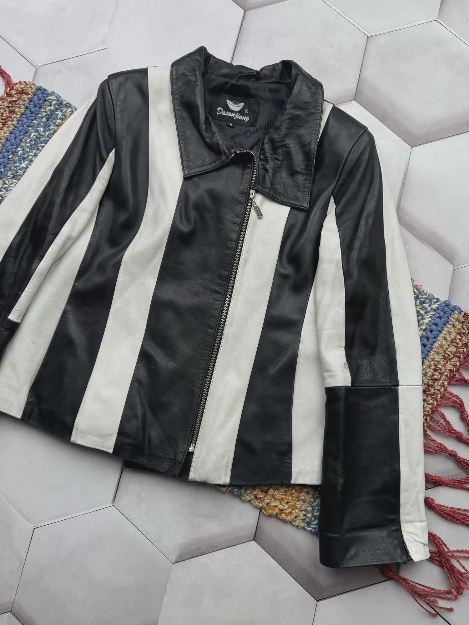Vintage Black White Leather Jacket Colorblock Moto Zip Womens 90s