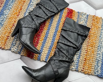Vintage Black Leather Knee High Boots Women Lace Up Strap Heeled Boots Y2K