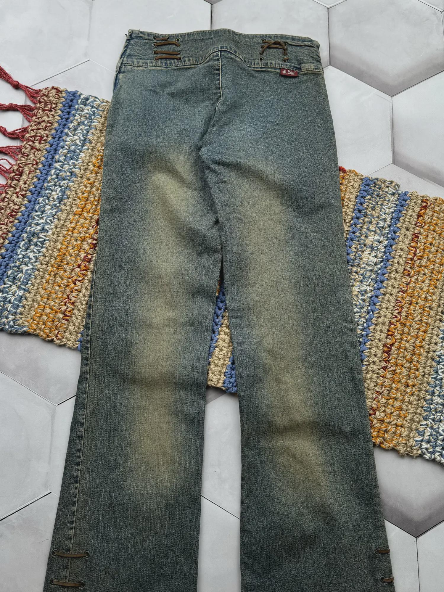 パンツ 00s FUGA custom bondage flare denim y2k GOSTAR DE FUGA Early 00s Marble Washed Glitter Flare Bootcut Denim