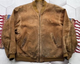 May include: A brown suede bomber jacket with a zipper closure and ribbed knit cuffs and waistband.