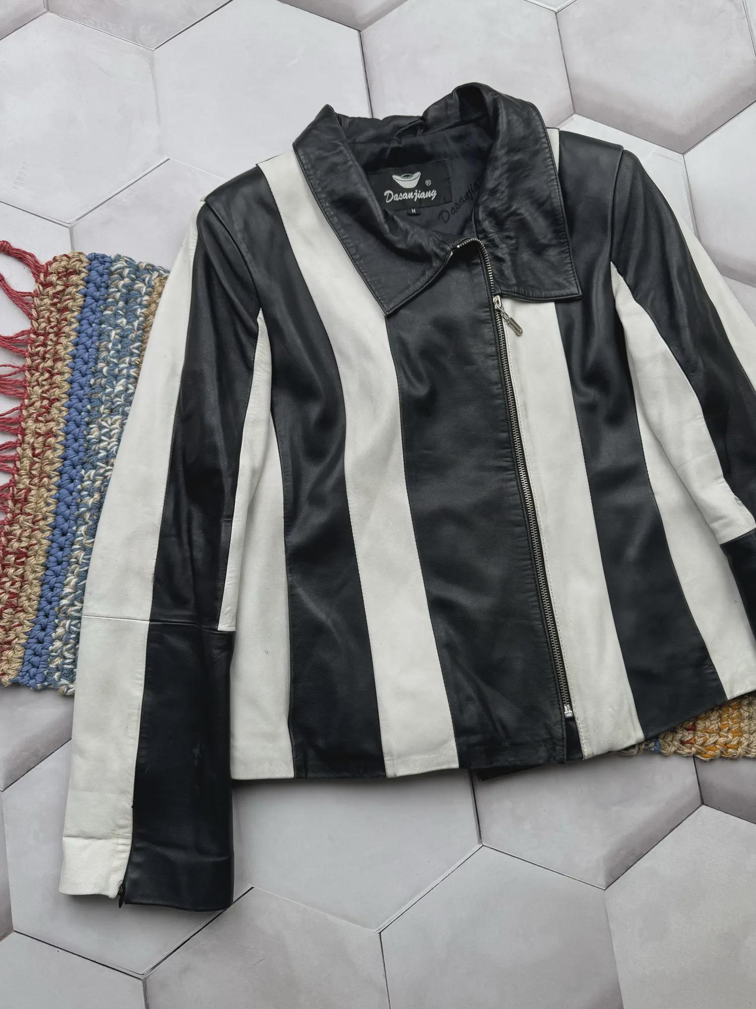 Vintage Black White Leather Jacket Colorblock Moto Zip Womens 90s