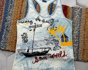 Y2K Graphic Racerback Linne, Havsmönstrat Ärmlös Sommarstrandtopp, Storlek M