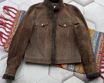 Brun läderjacka för kvinnor Vintage fuskpälskant Y2K beskuren jacka