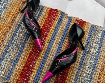 Vintage Black Pink Heels Women Pointed Toe Stiletto Pumps Strap Y2K Retro Statement Shoes