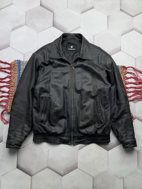 Vintage Black Trashed Leather Jacket Zip up Bomber Minimal Classic