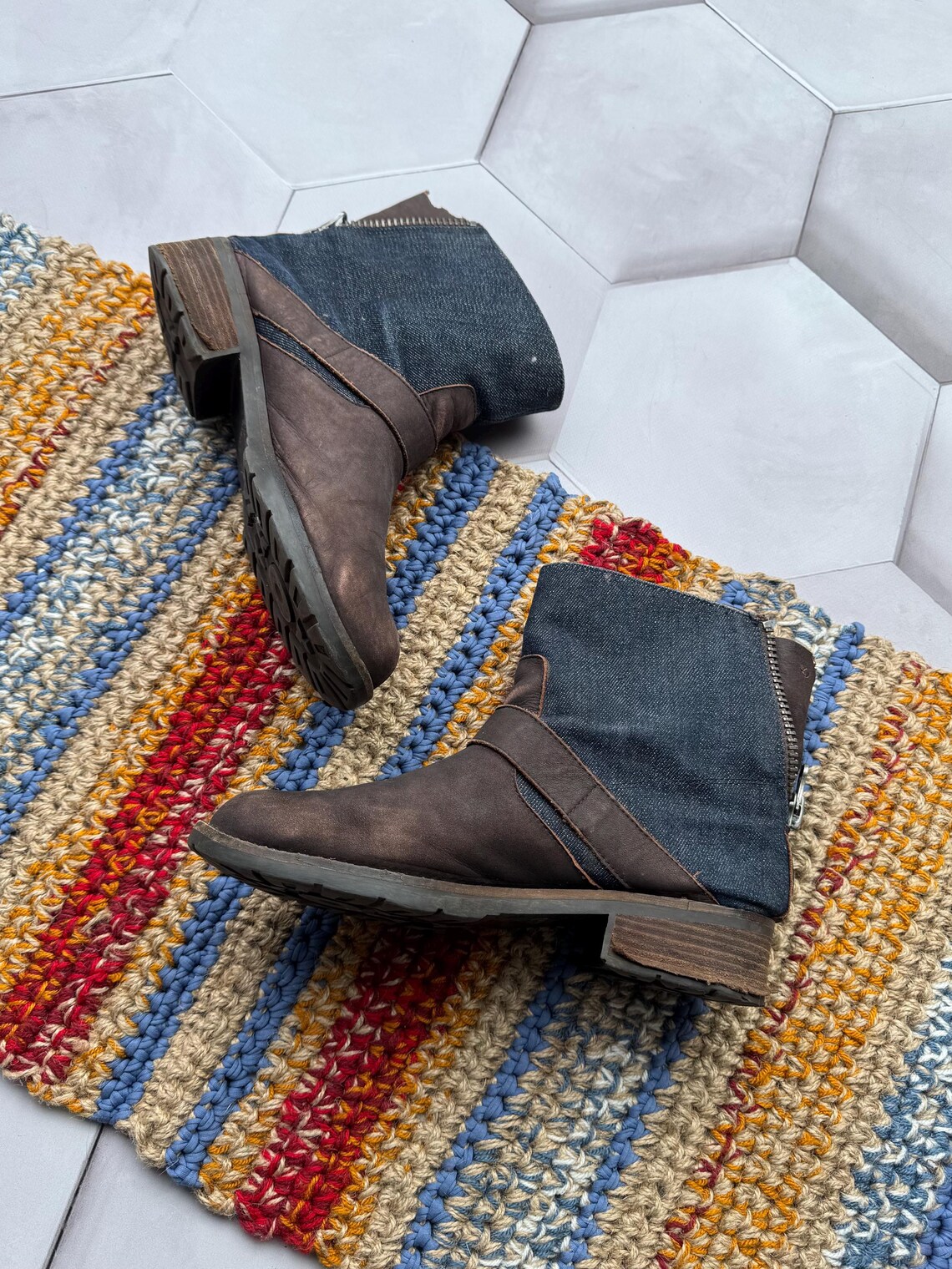 Vintage Denim Ankle Brown Leather Buckle Boots Y2K Moto Booties Western Chunky Heel Boots, foto 3 di 5