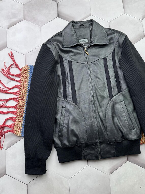 Y2K Black Leather Bomber Jacket Women's Zip Front Knit Sleeve