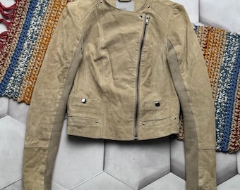 vintage Veste en cuir de l'an 2000 - Veste courte courte zippée beige ajustée minimaliste