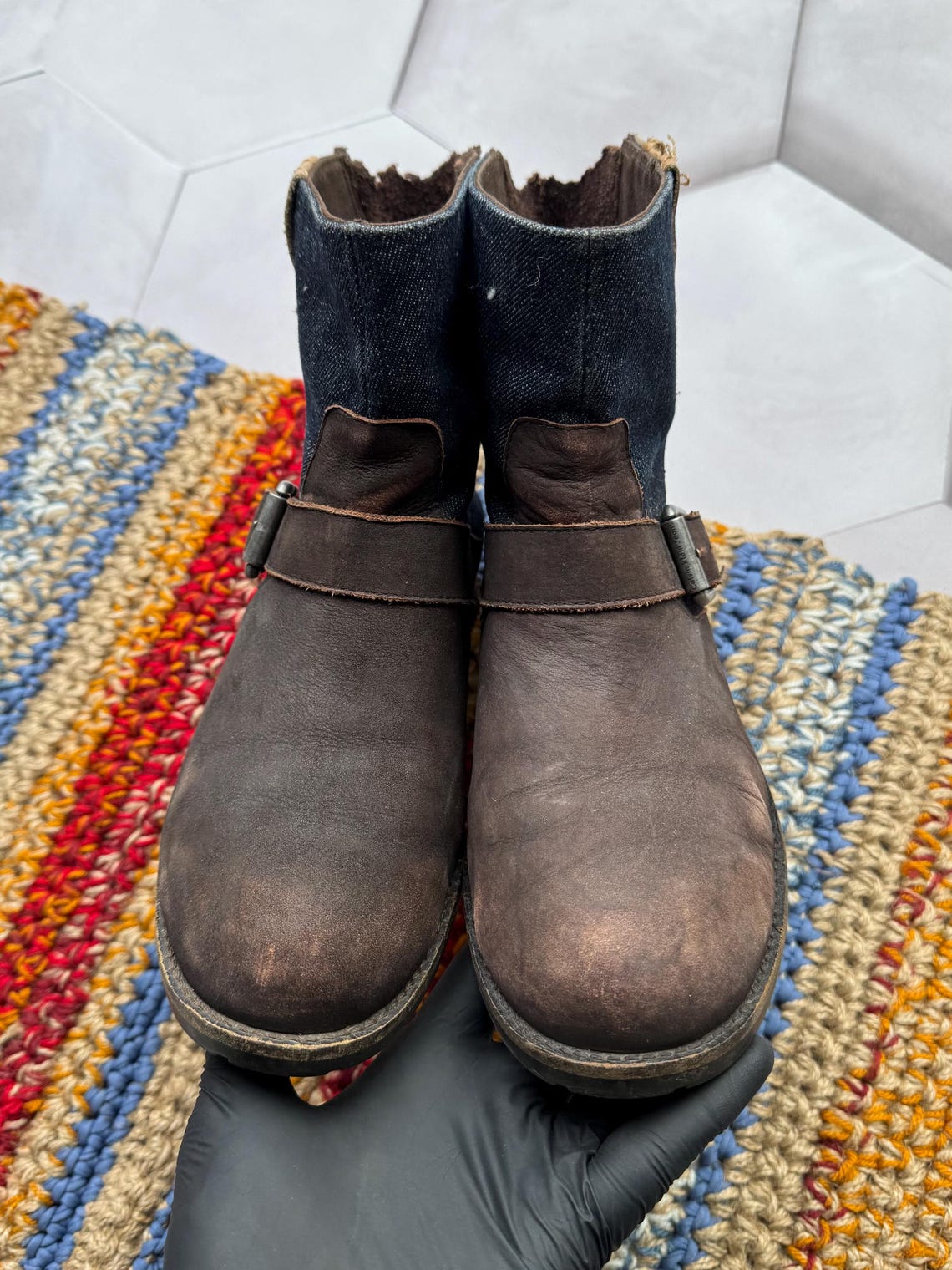 Vintage Denim Ankle Brown Leather Buckle Boots Y2K Moto Booties Western Chunky Heel Boots, foto 4 di 5