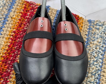 Vintage Black Leather Mary Jane Flats Minimalist Ballet Y2K Elastic Strap Soft Leather Shoes