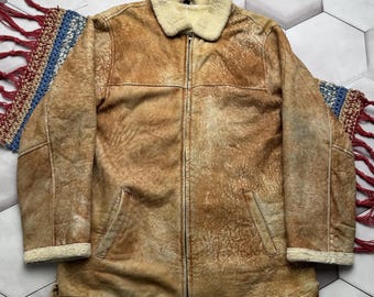 vintage Manteau en peau de mouton Veste en cuir marron Manteau d'hiver de l'an 2000 pour hommes