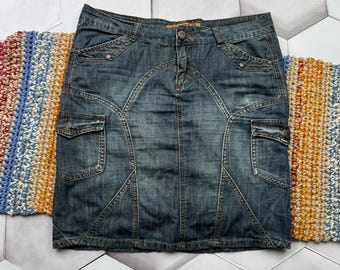 Vintage Y2K Denim Cargo Midi Skirt Blue Low Rise Jean Skirt Women