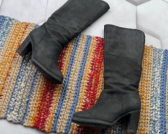 Bottes mi-mollet en cuir noir vintage pour femmes, style des années 90 à talons carrés épais