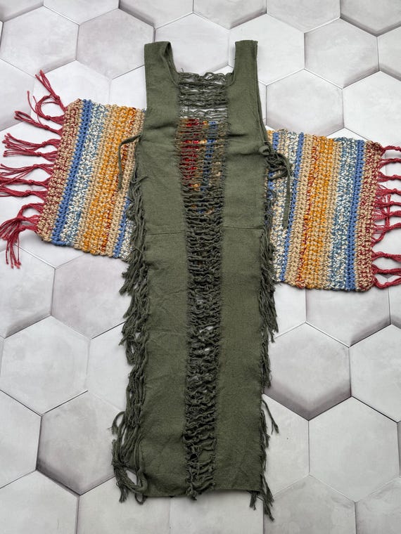 green distressed dress Y2K Boho Distressed Crochet Ladder Midi Dress Olive Green Fringe Sleeveless Festival