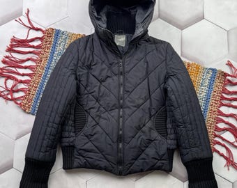 Vintage Black Quilted Jacket Women Hooded Puffer Coat Cropped Winter Jacket