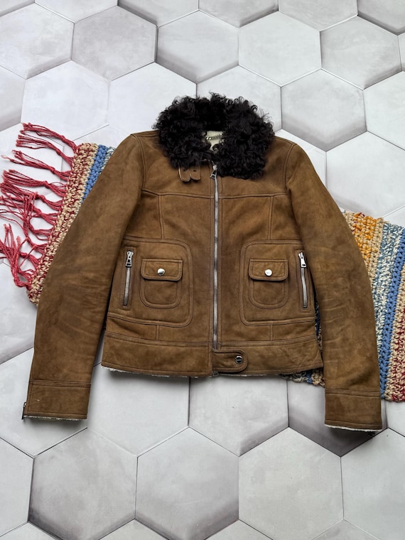 Y2K Brown Real Shearling Jacket, Moto Jacket, Boho Winter Coat Women's Size S