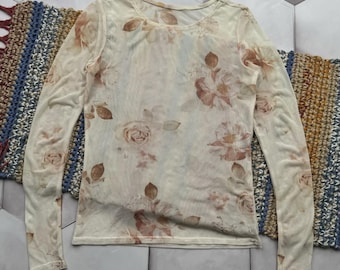 Vintage Floral Long Sleeve Top Sheer Mesh Beige Romantic Y2K Women