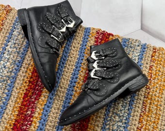 Bottines cloutées noires vintage pour femmes, bottes à boucle en cuir, chaussures de moto punk motard