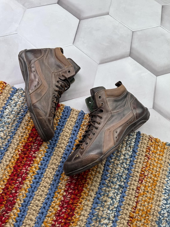 Vintage Brown Leather Boots Men High Top Lace Up Sneakers Casual Retro Shoes