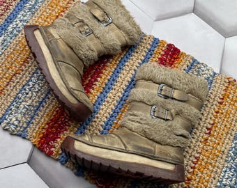 Vintage Leather Winter Faux Fur Lined Buckle Boots Chunky Sole Snow Boots Women