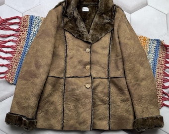 Vintage Faux Sheepskin Coat Women Jacket Brown Winter Cozy Coat