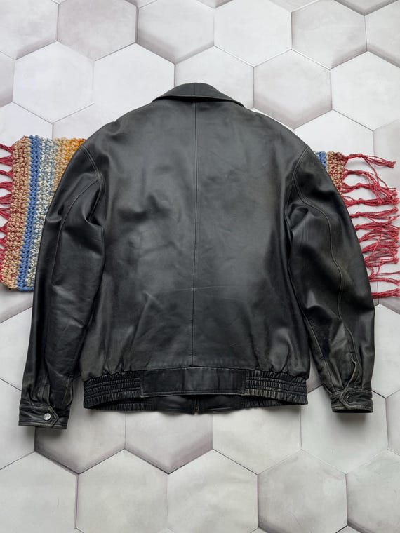 Vintage Black Trashed Leather Jacket Zip up Bomber Minimal Classic