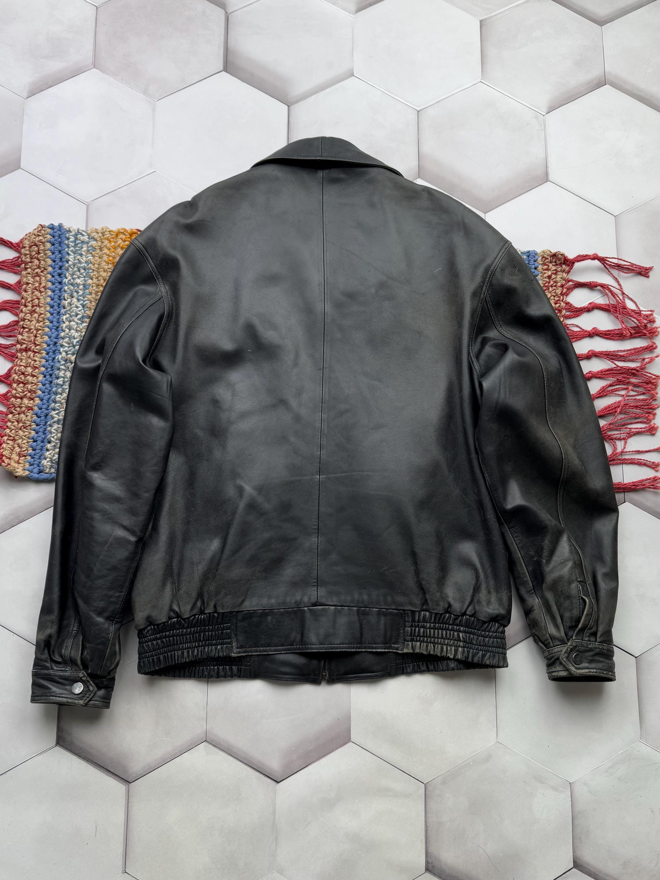 Vintage Black Trashed Leather Jacket Zip up Bomber Minimal Classic