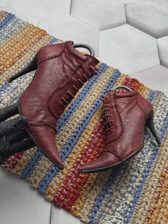 Burgundy Leather Ankle Boots Women Lace Up Victorian Heeled Booties Vintage Pointed Toe Shoes