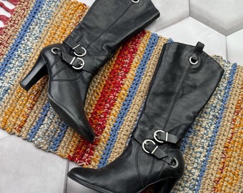 Vintage Black Leather Knee High Boots Buckle Strap High Heel Women Retro