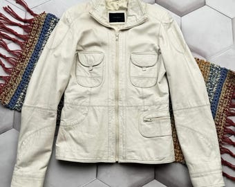 Vintage weiße Lederjacke Damen Reißverschluss Minimalist Utili Y2K Oberbekleidung