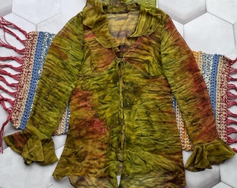 Vintage Y2K Sheer Mesh Top Fairy Grunge Tie Dye Boho Bell Sleeve Women's Blouse