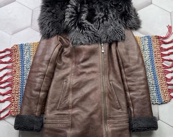 Vintage Real Sheepskin Shearling Coat Brown Leather Winter Coat Women