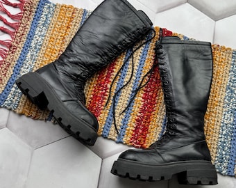 Vintage Black Leather Knee-High Combat Boots: Lace-Up Platform Grunge Y2K Style