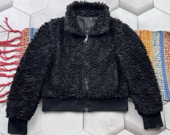 Vintage Black Teddy Jacket Women Cropped Zip Up Cozy Winter Jacket