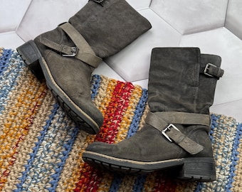 Vintage Distressed Suede Biker Boots Women Grunge Moto Ankle Boots Y2K