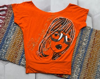 Vintage oranje grafische T-shirt meisjesprint Y2K indie casual damestop