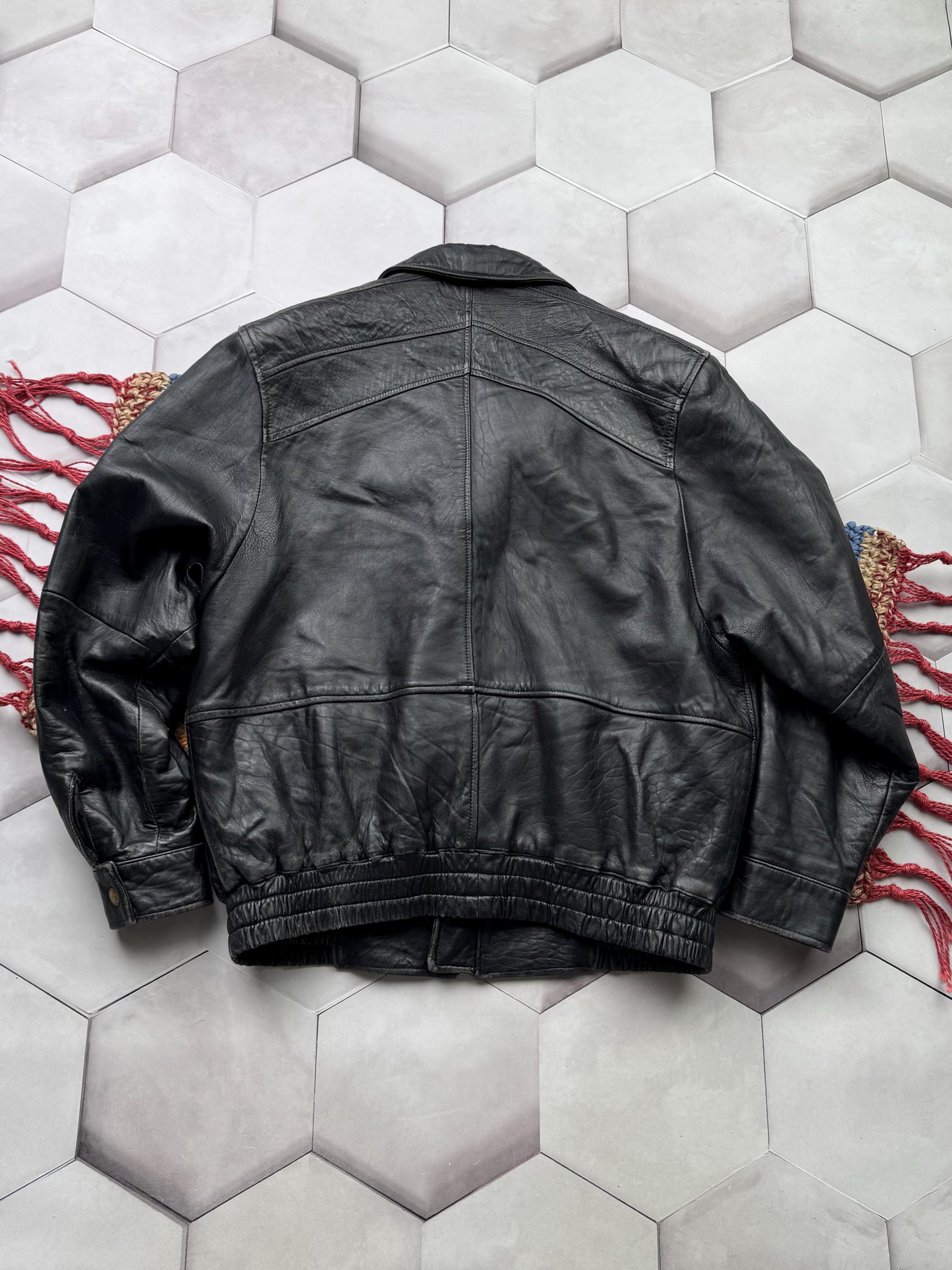 Vintage Black Leather Jacket Zip up Classic Minimal Bomber Style