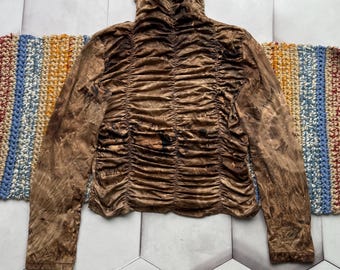 Vintage Ruched Mesh Top Women Brown Sheer Long Sleeve Y2K Grunge Shirt