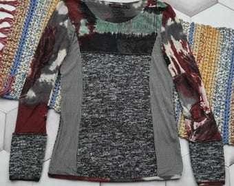 Vintage Y2K Abstract Patchwork Knit Top Women Long Sleeve Stretch Grunge 2000s