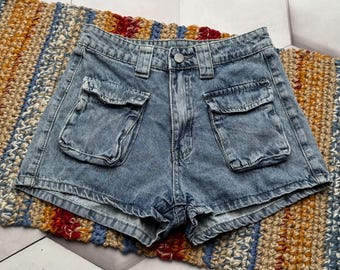 vintage Short cargo en jean Y2K taille basse Short bleu utilitaire avec poche