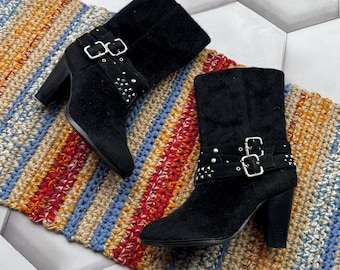 Vintage Black Ankle Boots Buckle Studded Block Heel Biker Women