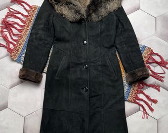 Vintage Sheepskin Hooded Coat Long Shearling Suede Jacket Winter Coat Women