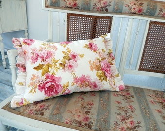 beautiful decorative linen blend fabric with roses and blooms pink and cottage