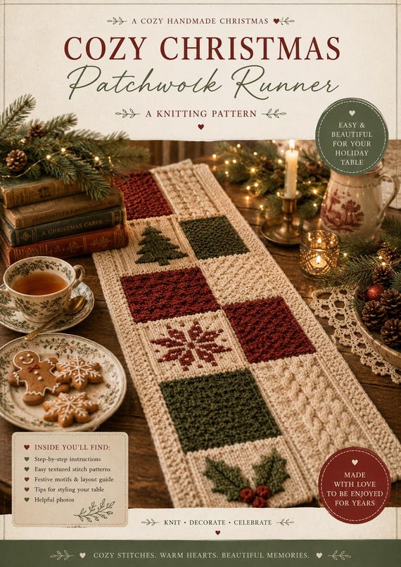 Cozy Christmas Patchwork Runner Knitting Pattern PDF Holiday Table Decor