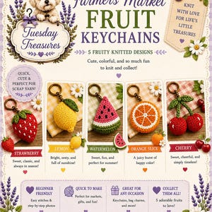 May include: A digital flyer titled Farmer's Market Fruit Keychains featuring five knitted fruit designs: a strawberry, lemon, watermelon slice, orange slice, and cherries. Each fruit is attached to a metal keyring. The flyer includes text and illustrations of lavender and daisies.