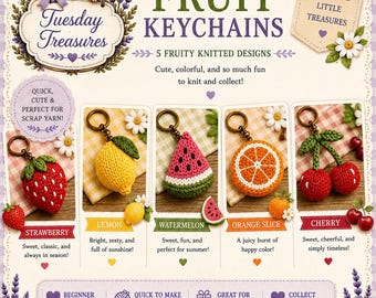 Boerenmarkt fruit sleutelhangers breipatroon bundel pdf | Aardbei Citroen Sinaasappel Watermeloen Kers | Schattige mini gebreide sleutelhangers