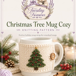 May include: A digital download knitting pattern for a Christmas tree mug cozy. The image features a white mug wrapped in a cream-colored knit cozy with a green Christmas tree design, red beads, a gold star, and a brown wooden button closure.